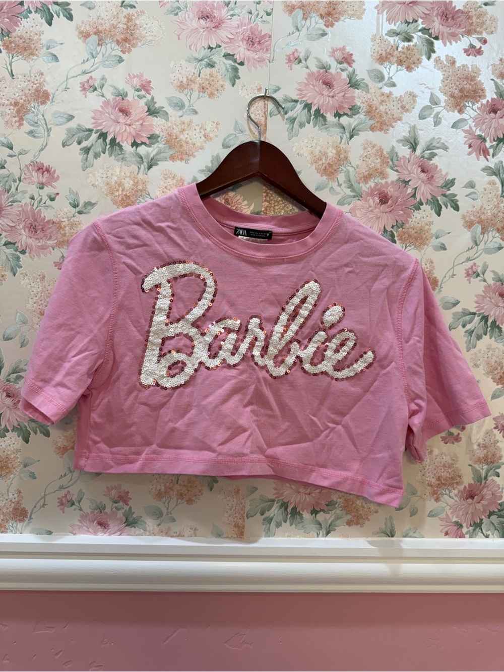 Zara Pink Sequin 'Barbie' Crop Tee